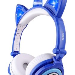 New! Headphones Kids, Headphones Cat Ears with LED, 85dB Volume Limiter, Foldable, Kids Headphones with Wire for Girls Boys (Blue/ Orange)