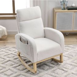 Nursery Rocking Chair with Solid Wood Legs, Glider Chair for Nursery with Two Side Pockets, Rocker Armchair for Living Room Bedroom (Ivory White, Tedd