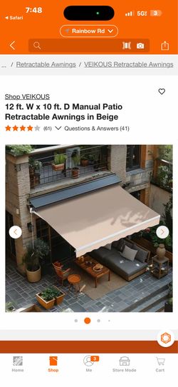 12 ft. W x 10 ft. D Manual Patio Retractable Awnings in Beige