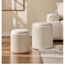 Round Set of 2 Ottoman with Storage-Upholstered Velvet Vanity Stool for MakeupMultifunctional Ottomans Coffee Table Padded Seat Foot Rest for Living R