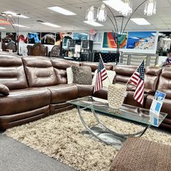 50% Off TOP GRAIN LEATHER BROWN PWR RECLINER SECTIONAL W/ POWER HEADREST AND USB PORTS AVAILABLE NOW*** (Limited Time)