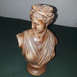 Roman Woman Bust Wooden Carved Sculpture.