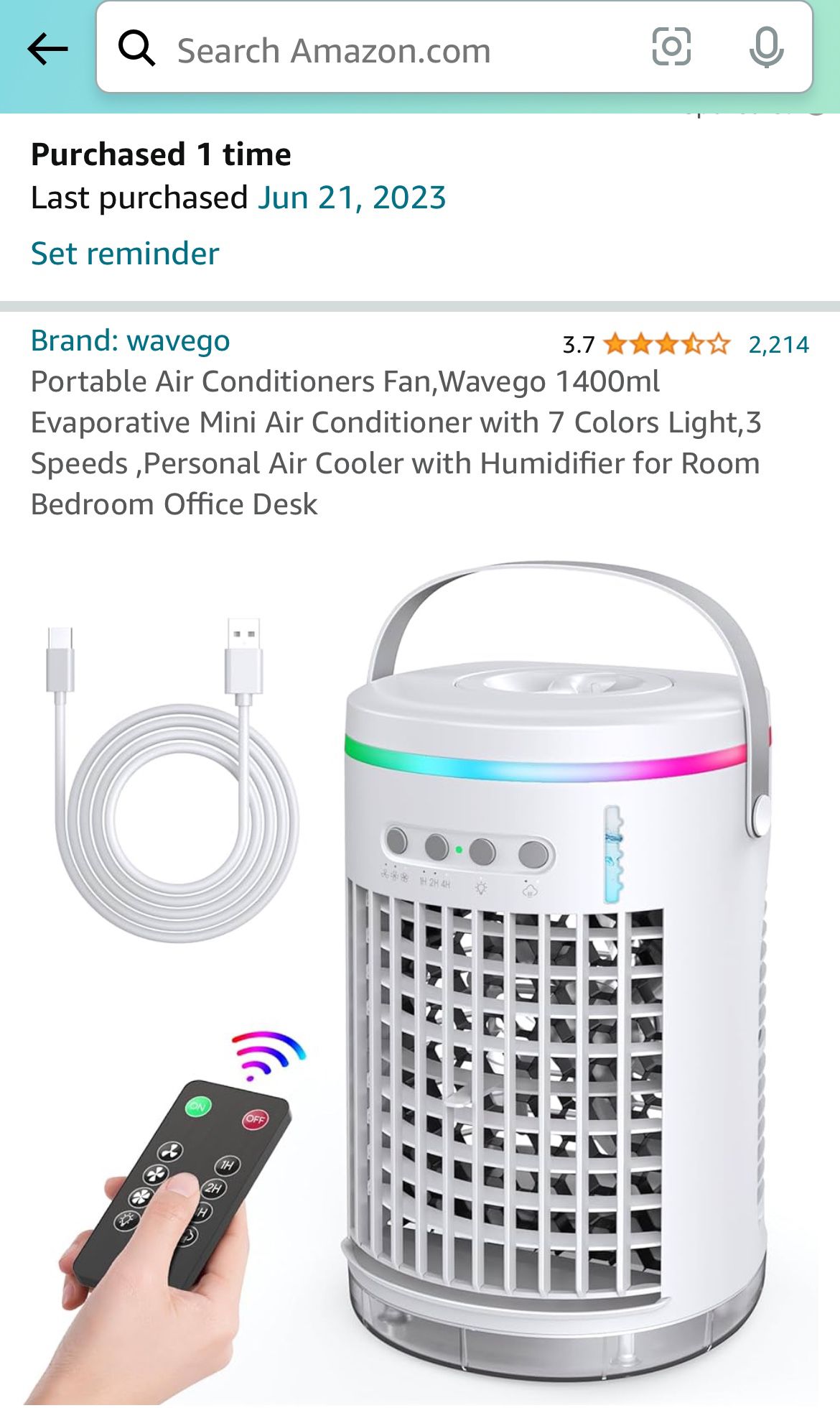 BRAND NEW IN BOX; portable air conditioner, 1400ml AC, 7 LED colors, 3 speeds, humidifier, remote