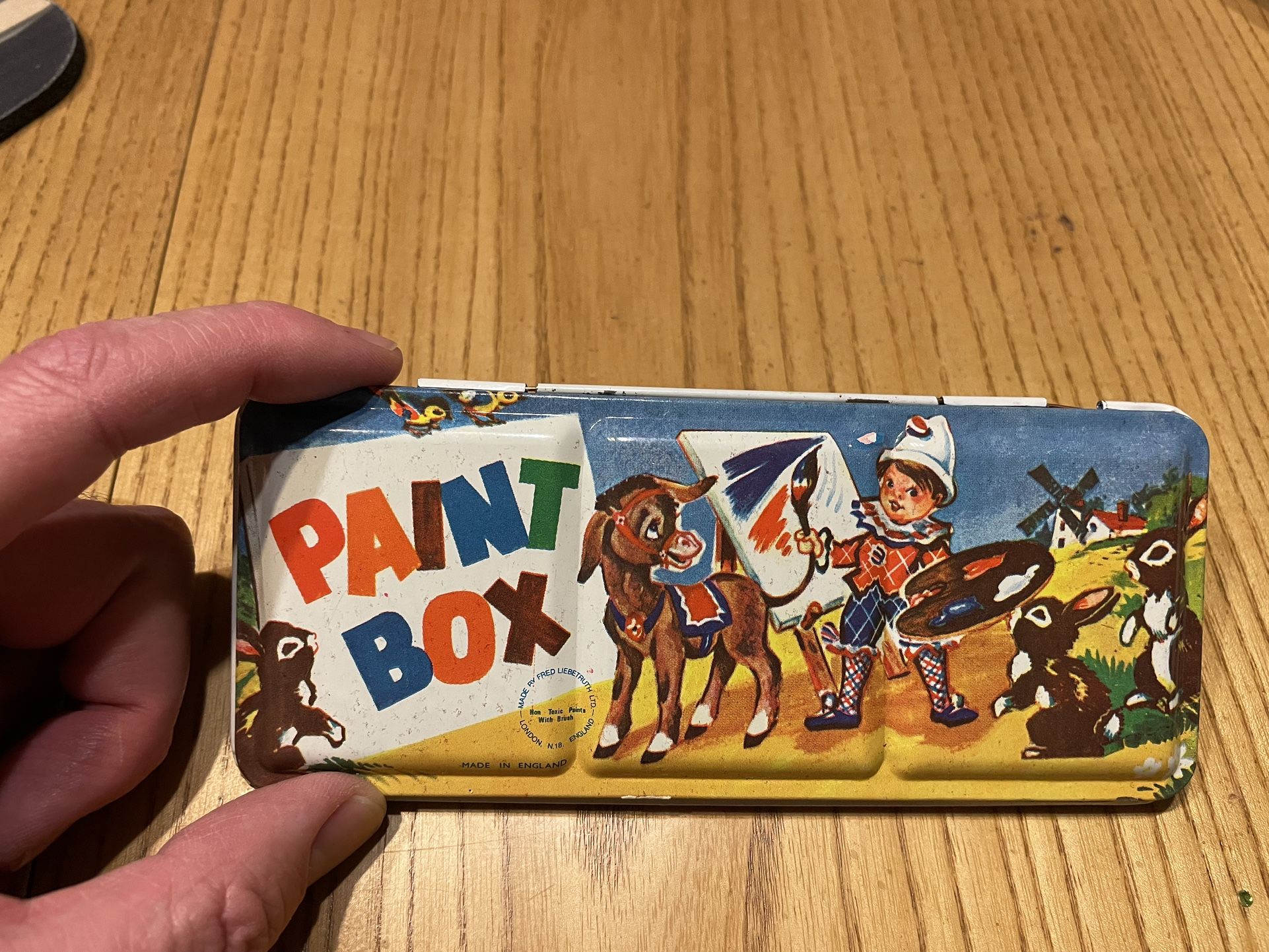 FRED LIEBETRUTH LONDON ENGLAND TIN PAINT BOX DONKEY RABBITS BOY