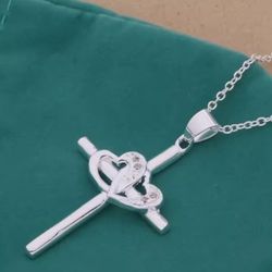 Sterling Silver Cross Pendant with Entwined Hearts  22 Inch Chain  [PEN246]