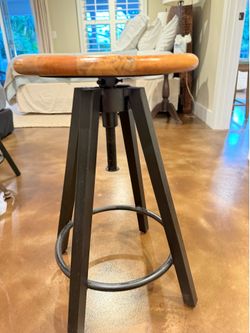 Pottery, barn, industrial table, and stools