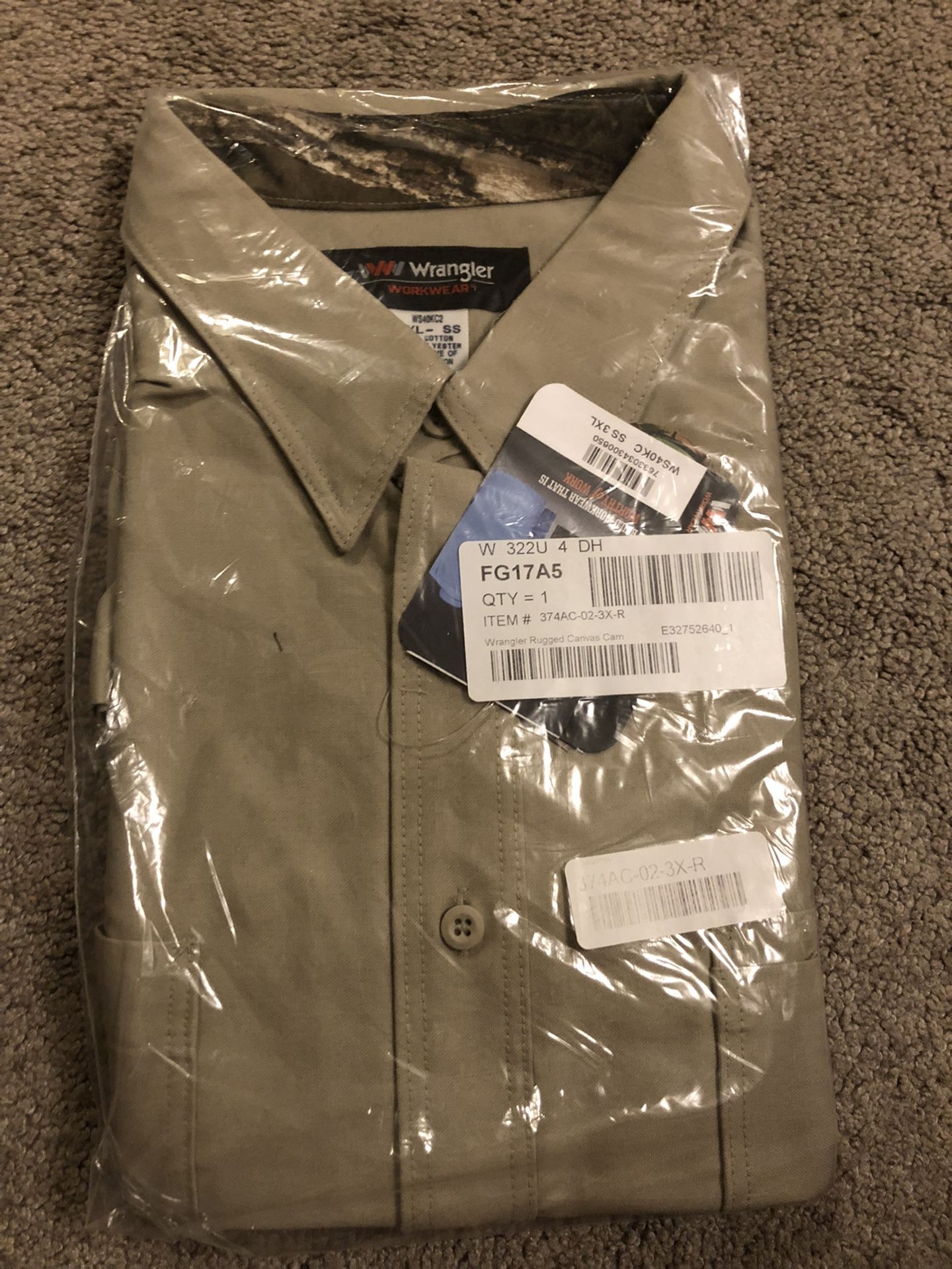 Wrangler Shirt Sleeves Khaki Shirt With Camo Trim 3XL Brand New With Tags On