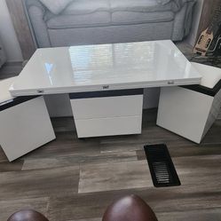 Modern White Lift-Top Coffee Table w/4 Storage Stools, Convertible Dining Table w/ Storage Drawers