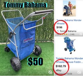 $50 TOMMY BAHAMA FOLDABLE WHEELER /BEACH CART IN GOOD CONDITION with inbrella holder