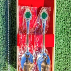 Vintage Green Enamel Flower Souvenir Collector Stainless Steel S.M DIA Spoon Set