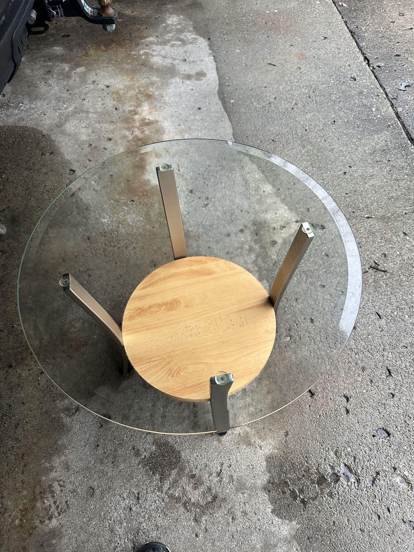 End Table With Glass Top And A Wooden Shelf