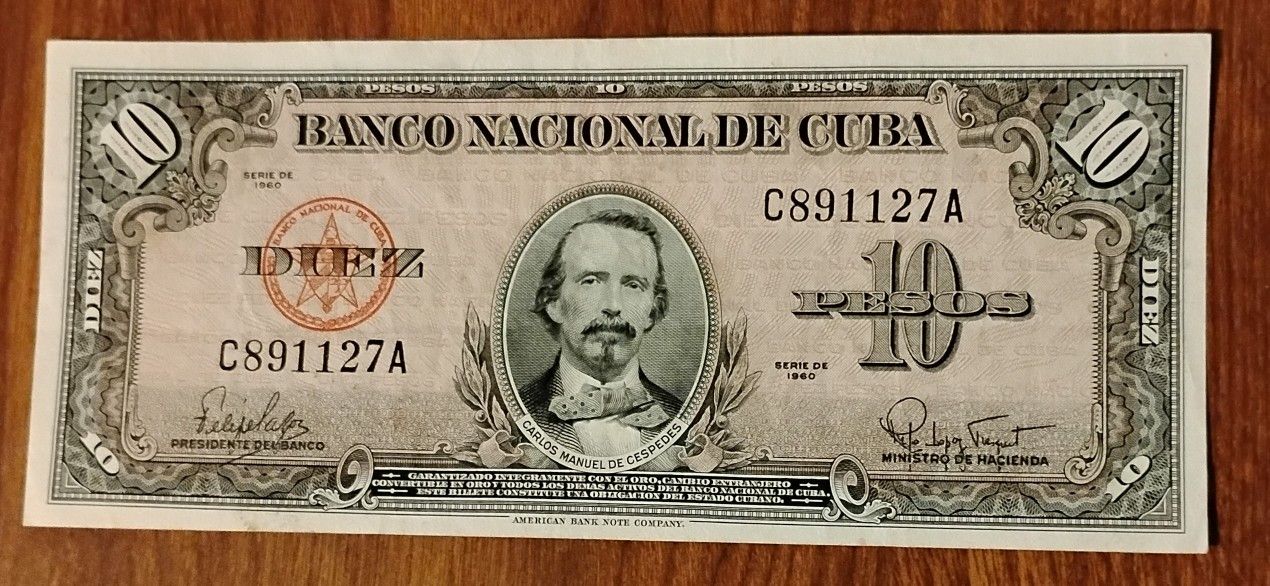 1960 Cuba Vintage 10 Pesos Bill Banknote Currency