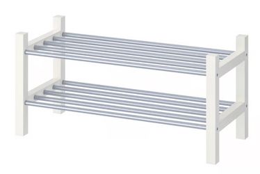 IKEA TJUSIG shoe rack in white with metal rails, fully assembled and in excellent condition.