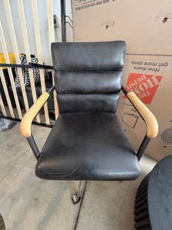 Black Leather Office Chair with Wood Armrests