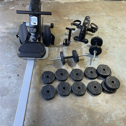 Full complete Fitness set Rowing machine, Pedal exerciser, Dumbbell set weights and pump included