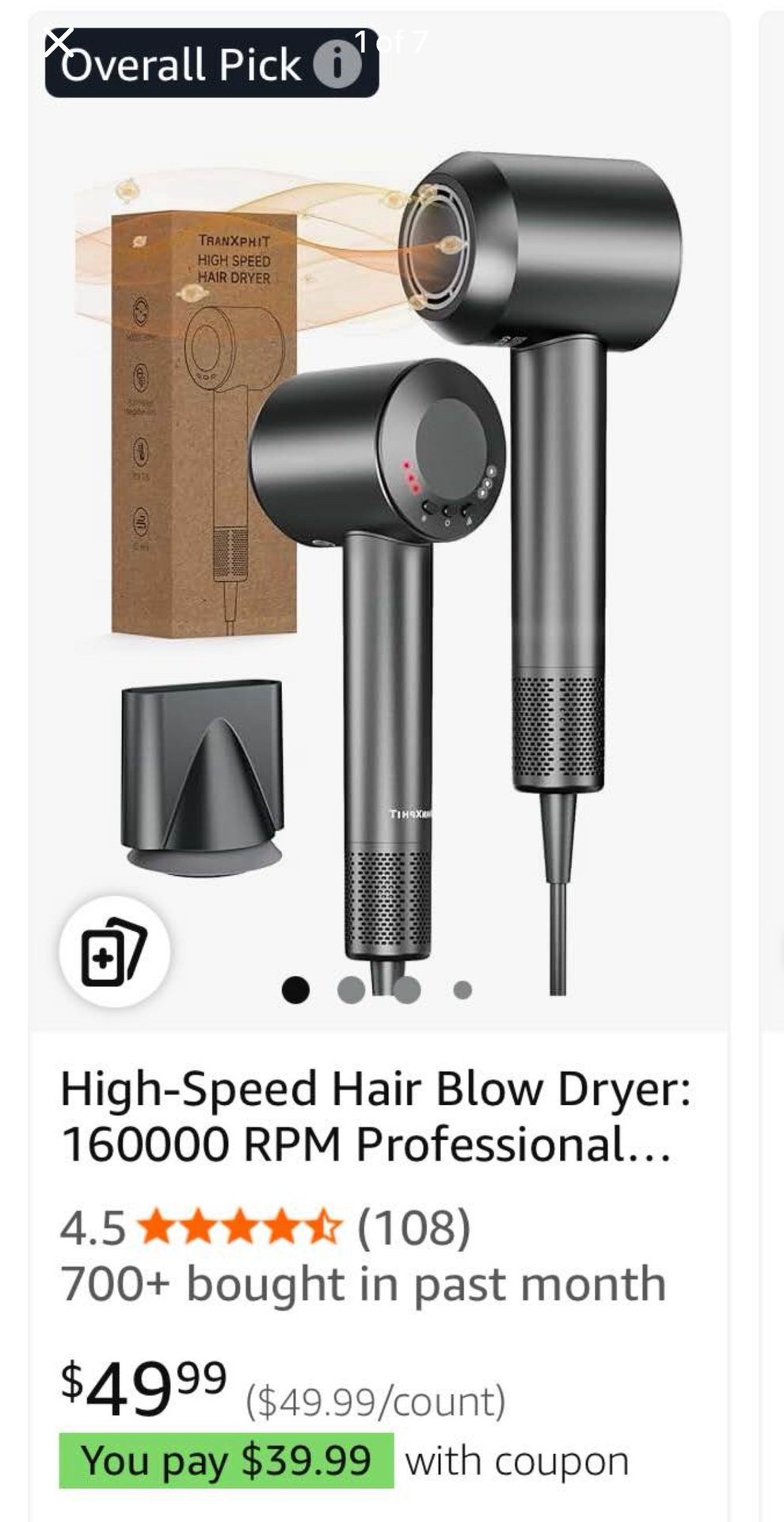 High-Speed Hair Blow Dryer: 160000 RPM Professional Hairdryer 500 Millions Negative Ionic Low Noise