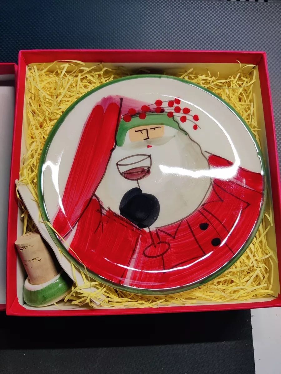 Vietri Italian Old St. Nick Christmas canape plate with a matching wine cork