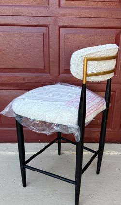 Modern White Bouclé Counter Stool with Black and Gold Frame
