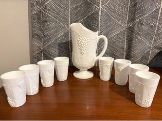 Harvest grapevine white milk glass pitcher tumbler set