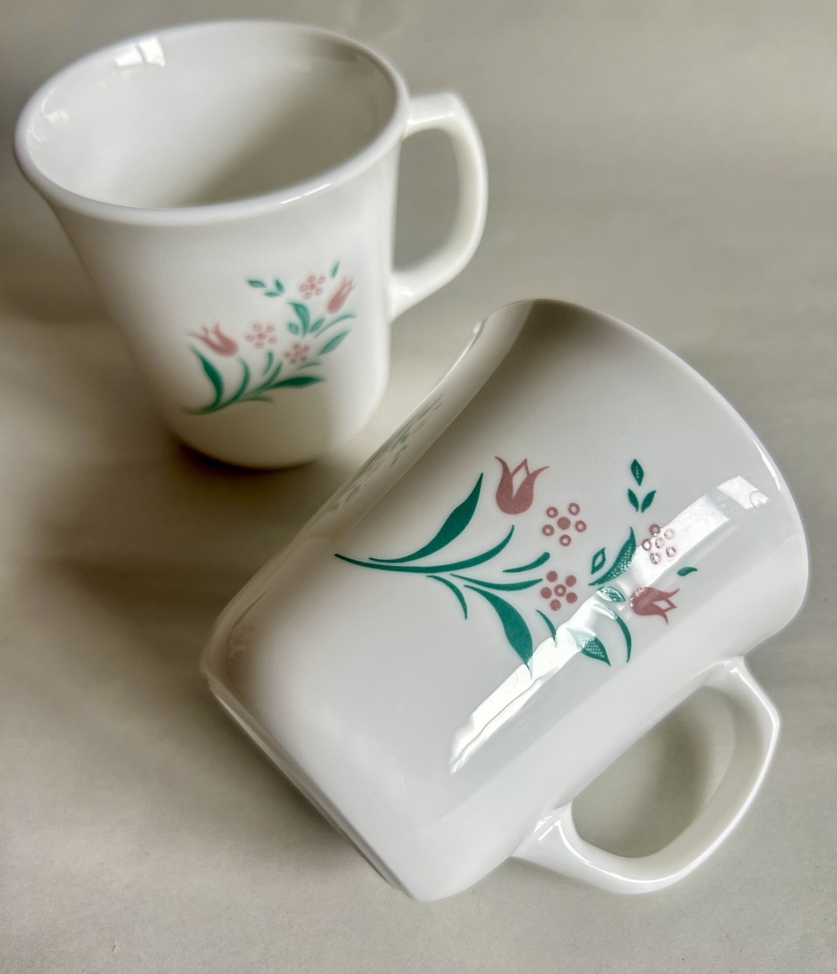 Two Vintage 8-oz Corelle Rose Marie Tulip Mugs