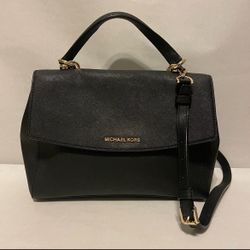 MICHAEL KORS AVA SAFFIANO LEATHER SATCHEL IN BLACK