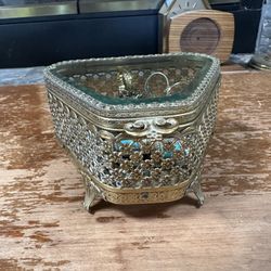 Hollywood Regency Vintage 1950's Trapezoid Shape Gold Filigree Jewelry Casket Jewelry Box 