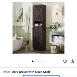 67" H Tall Bathroom Cabinet, Narrow Storage Cabinet with 2 Barn Doors and 1 Drawer, Freestanding Floor Cabinets with 5 Shelves and Open Storage Shelf 