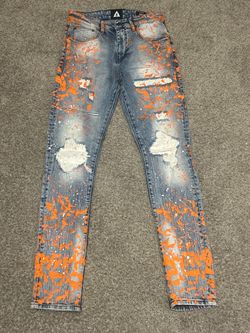 Famoso slim jeans men’s blue and orange paint splotch
