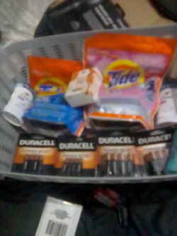 Gray Bouquet Basket Tide Pods Duracell Batteries.Etc