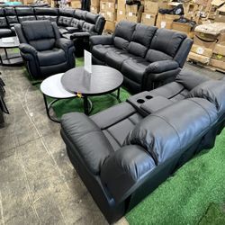 Black Recliner 3pcs Sofa Set / Juego de sofás reclinables negros de 3 piezas