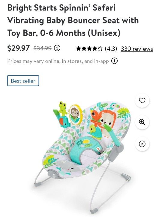 Bright Starts Spinnin’ Safari Vibrating Baby Bouncer Seat with Toy Bar