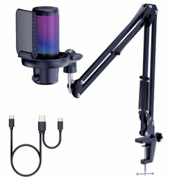 FEELWORLD VM1 Black USB Gaming Condenser Microphone for pc, Boom Arm Stand Noise Cancellation, Mute, RGB Light, Gaming Equipemnt, for Gifts YouTube Tw