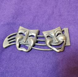 Greek Comedy & Tragedy Theater Masks Pin Back Brooch Bronze Brass Vintage Jewelry