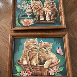 2 Matching Vintage Cat Paintings In Wooden Frames