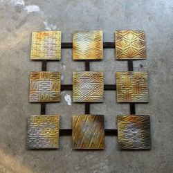 Modern 3x3 Geometric Metal Wall Art – Industrial Gold & White Decor Panel