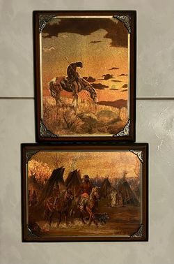 Vtg. Native American “End Of The Trail” Foil Metallic Pictures On Wood