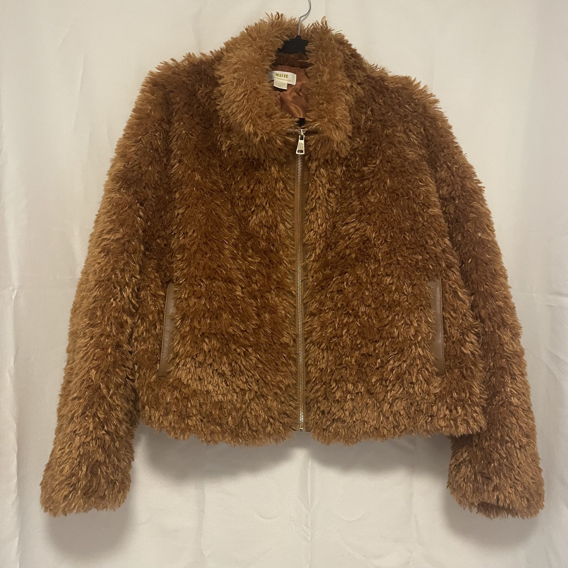 Maeve Anthropologie Teddy Bomber Crop Honey Brown Faux Fur XL