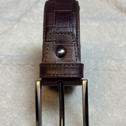 Men’s Dark Brown Genuine Leather Belt Woven Embossed Design Gunmetal Buckle US XL 