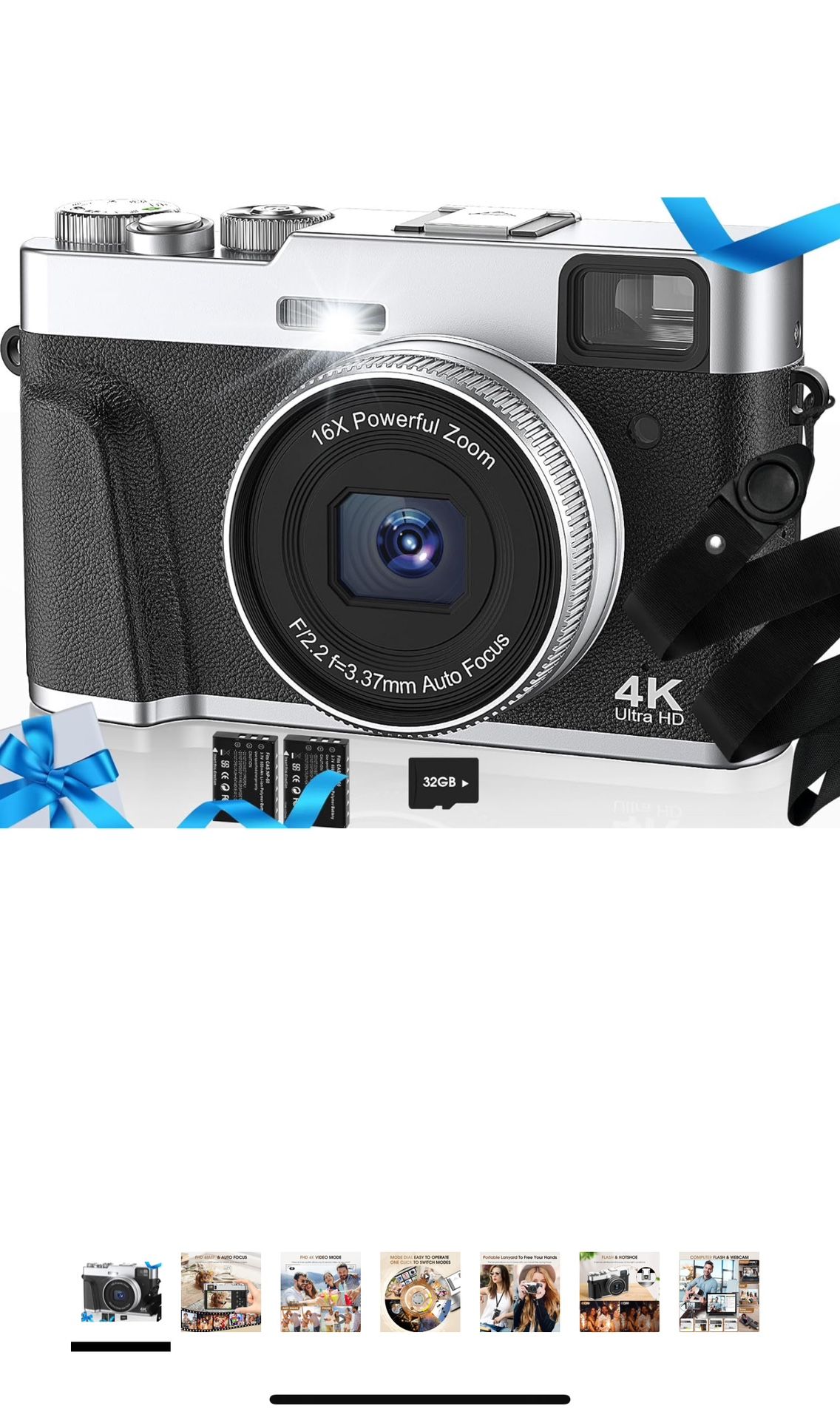 4K Digital Camera with SD Card Autofocus,48MP Point and Shoot