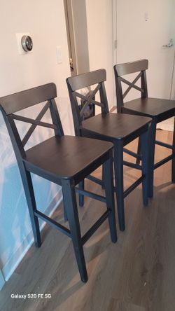 Set of 3 Dark Wood Bar Stools