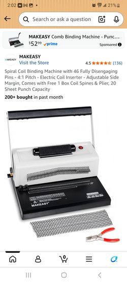 Spiral Coil Binding Machine with 46 Fully Disengaging Pins - 4:1 Pitch - Electric Coil Inserter - Adjustable Side Margin, Comes with Free 1 Box Coil S