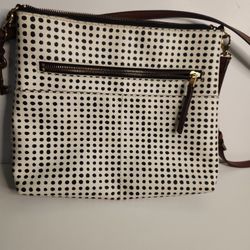 Fossil Fionia White Polka Dot Crossbody Purse Coated Canvas Leather Trim