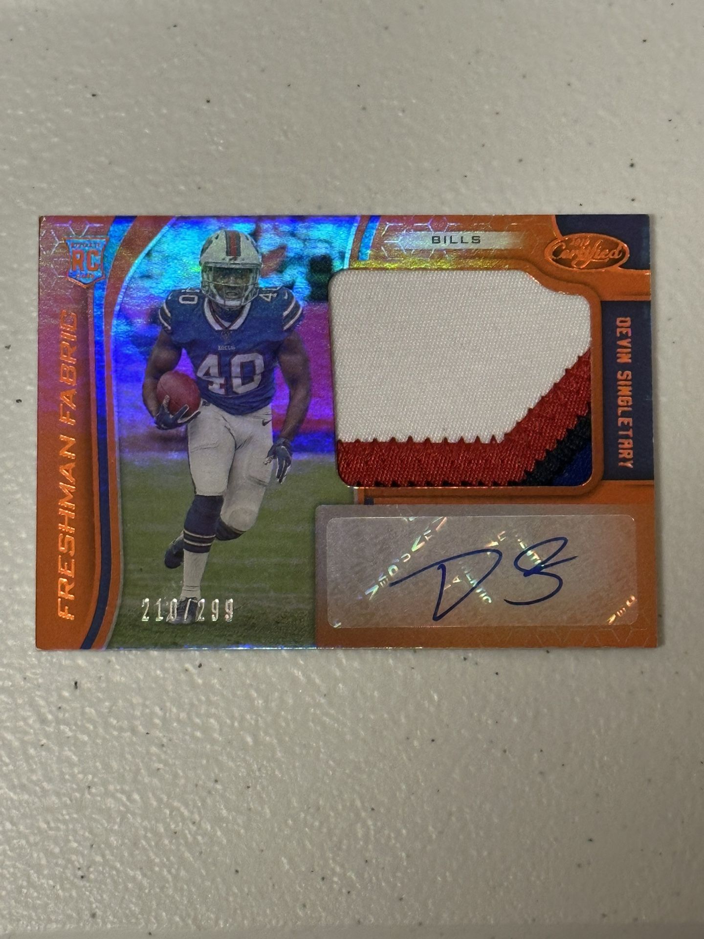 2019 Certified Orange /299 Devin Singletary #229 Rookie Patch Auto RC Sick Patch