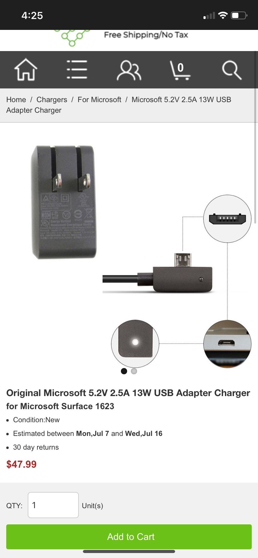 Original Microsoft 5.2V 2.5A 13W USB Adapter Charger for Microsoft Surface 1623