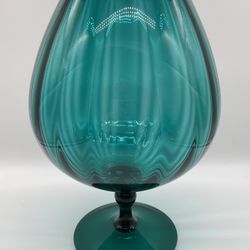 Vintage MCM Large Empoli Teal Blue Optic Ribbed Brandy Snifter with Scalloped Edge