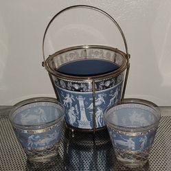4pc Total-Vintage Glass Ice Bucket With Metal Carrier  And 2 Cups