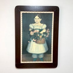 Antique Large Wood Frame Ethan Allen Girl With Flowers 19th Century Fine Artwork