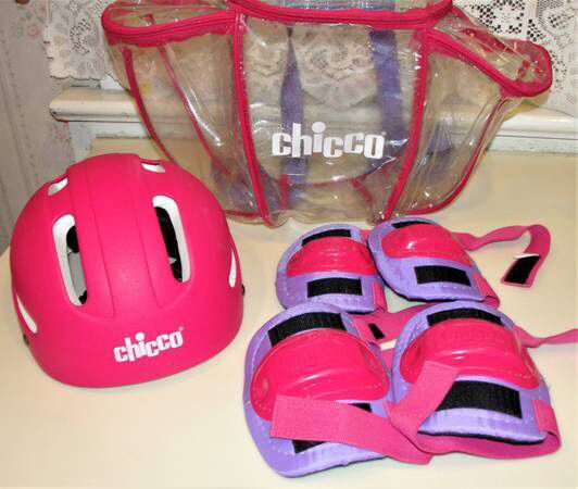 Girl's CHICCO Pink/Purple Helmet Knee/Elbow Pads + Clear Backpack. This is never used. Purchase and stored. Smoke Free. Bristol Boro, Pa. 19007