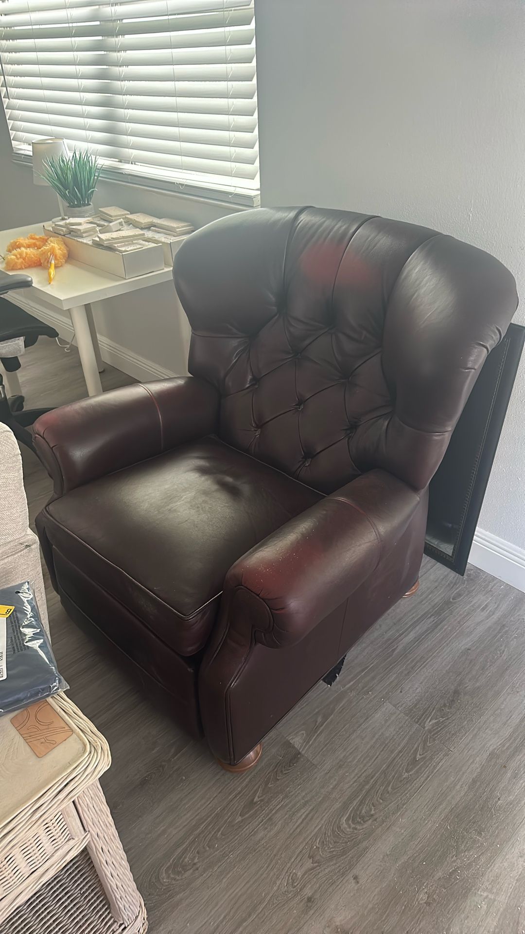 Recliner Burgundy, Leather, Ethan Allen