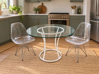 Modern Round Glass Dining Table + 2 Clear Acrylic Eiffel Chairs